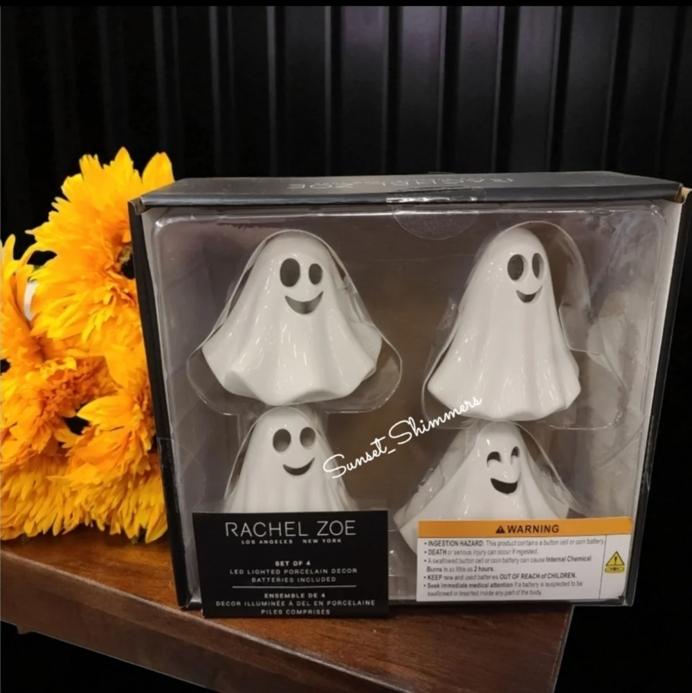 4pc Rachel Zoe Ceramic LED Light Up Smiling Ghost Tier Tray Figure Decor NEW